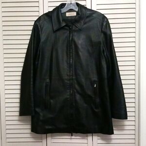 Calvin Klein Vintage Y2K Black Leather Long-line Car Coat Jacket, Size M